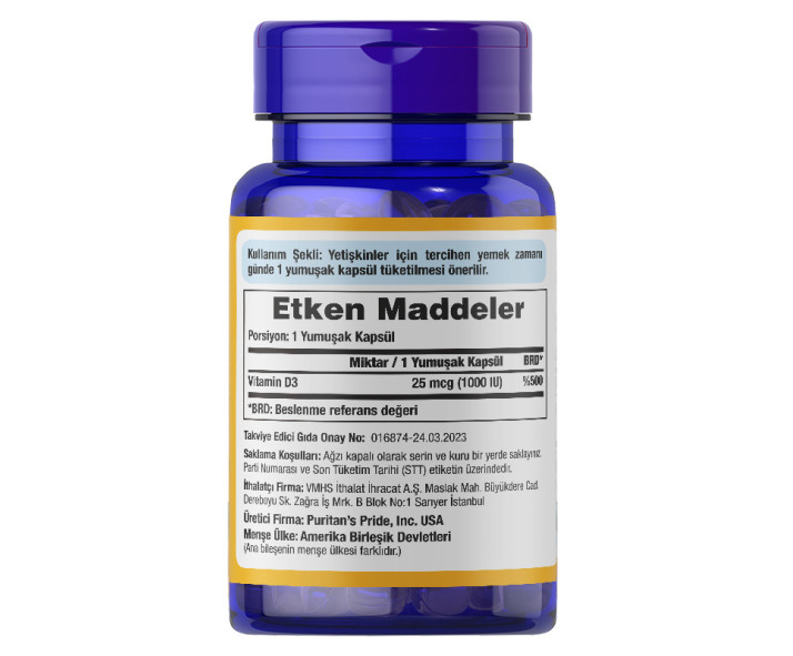 Puritan's Pride Vitamin D3 1000 IU 100 Yumuşak Kapsül