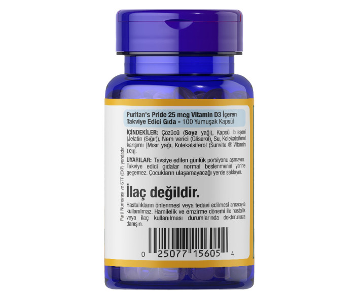 Puritan's Pride Vitamin D3 1000 IU 100 Yumuşak Kapsül